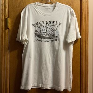 Express Men’s White Graphic Crewneck Short Sleeve T-Shirt with Velvet Ship Print